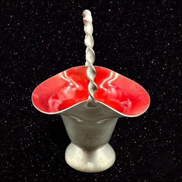 Vintage Norway Mid Century Modern Pewter Small Basket Red Metal Enameled 4”T - Picture 10 of 11